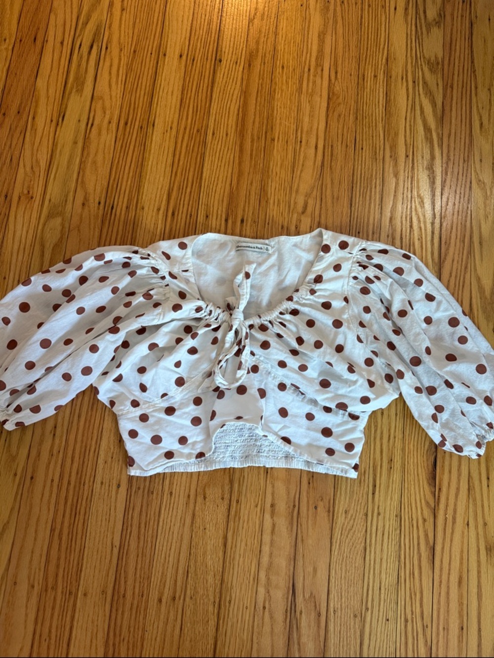 Polka Dot Cropped Peasant Top - White with Brown Dots